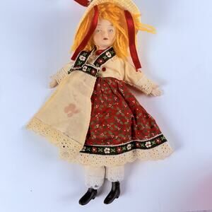 Vintage Folk Art Doll 8” Handmade European Costume Yarn Hair Lace Dress
